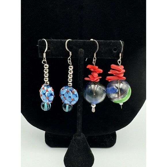 Art Glass Blue Green Red Bubble Pierced Dangle Earrings Coral Accent Two Pair - Picture 1 of 6